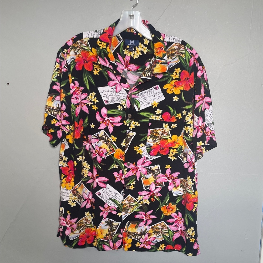 George size L button down short sleeve floral tropical postcard vacation shirt
